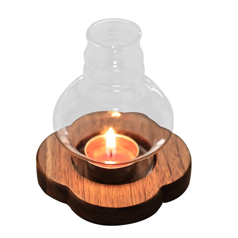 פנס קערת זכוכית עץ מלא יפני עמיד ברוח, פנס נרות וינטג' ארומטי, קישוט שולחן לאווירת זן, לחדר קפה או פינת אוכל