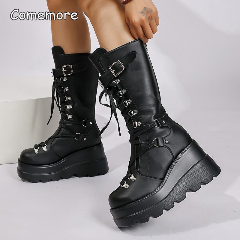 Fashion Punk Style Platform Motorcycle Boots Women Fashion Rivet Buckle Decor Black Booties Woman Thick Sole Wedge Heel Mid Calf Boots