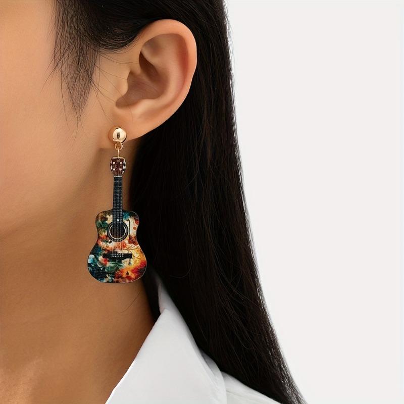 A Pair of Personalized and Creative Color Three-dimensional Guitar Wooden Earrings, Fashionable and Versatile Women's Music Festival Matching Gifts