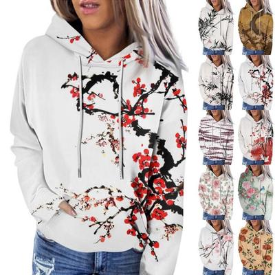 Bluză casual de damă cu glugă și imprimeu floral, top la modă cu mânecă lungă
