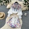 Summer Autumn New Arrival Flower Print Two Piece Pants Sets Women's Lantern Sleeve Blouse Tops and High-Waisted Wide-Leg Shorts Sets
