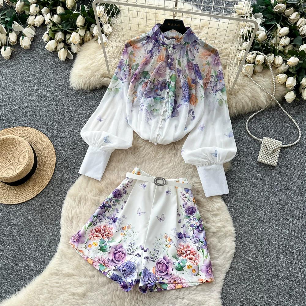 Summer Autumn New Arrival Flower Print Two Piece Pants Sets Women's Lantern Sleeve Blouse Tops and High-Waisted Wide-Leg Shorts Sets