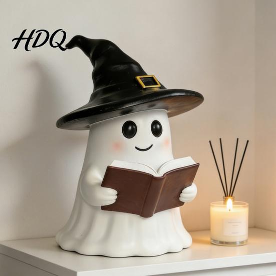 Bedside Atmosphere Light Halloween Ghost Figurine with LED Light Resin Witch Hat Statue Niche Aesthetic Ornament Guitar/Book Cute Luminous Sculpture