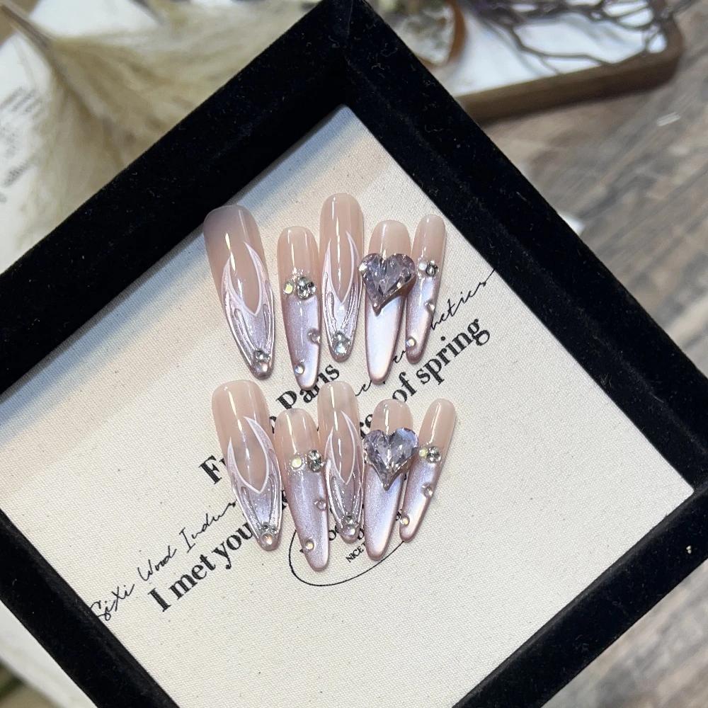 10Pcs Handmade Cat Eye Gradient Long Coffin Stiletto Press On Nails With Glitter Diamond Pearl Flower Bowknot Decorations