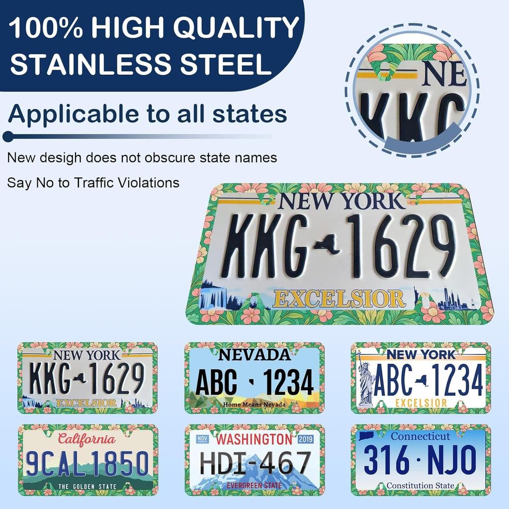 Elegant Faux Floral License Plate Frame - Unobstructed Narrow-Edge 2 Packs Universal Stainless Steel Car License Plate Frames Holder Solid Holder