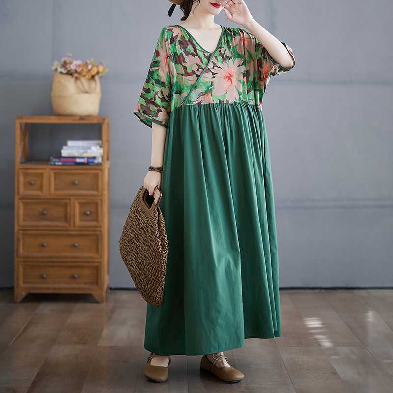 Cotton and Linen Summer Patchwork Retro Style Dress Long Skirt