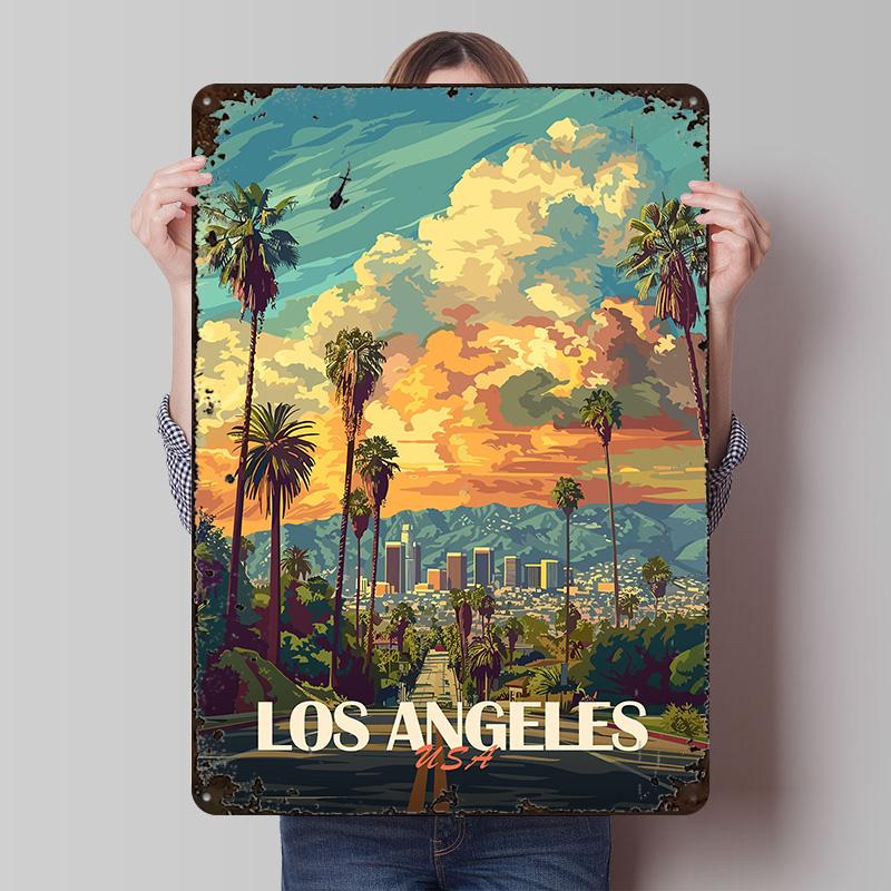 Los Angeles Cityscape Poster Customized Wall Art Vintage Metal Signs Retro Tin Plaque for Man Cave Office Decoration Gaming Home
