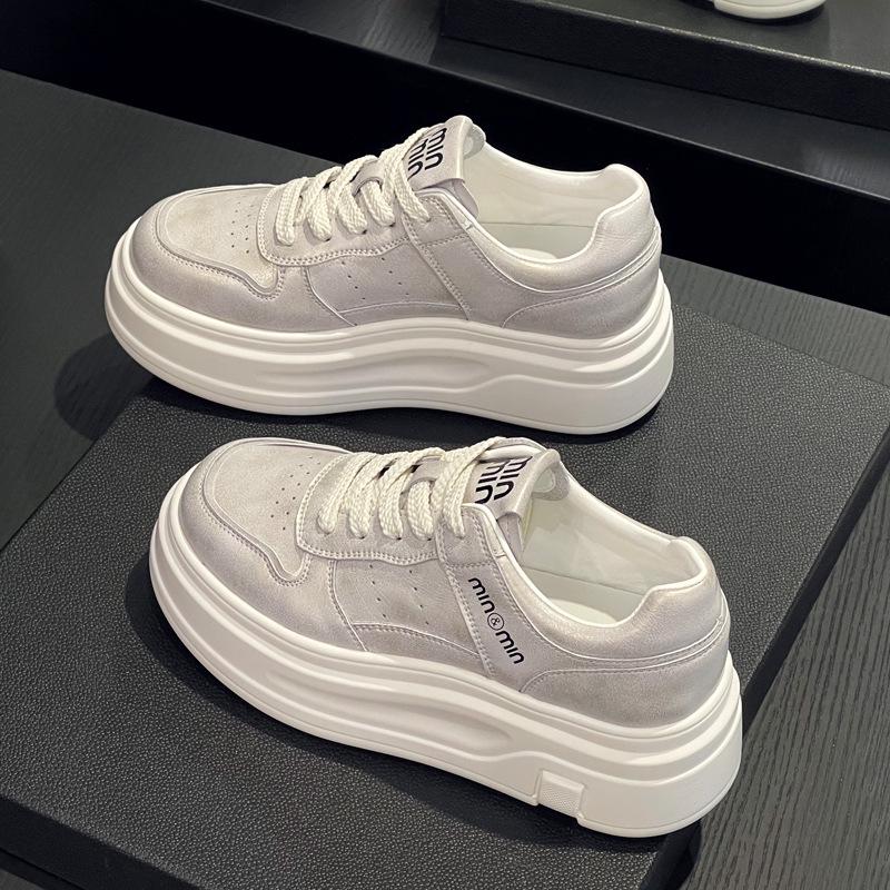 Women's Trendy White Genuine Leather Platform Sneakers - 2025 Spring/Autumn - Height-Enhancing, Thick-Soled, Lace-Up, Street-Style