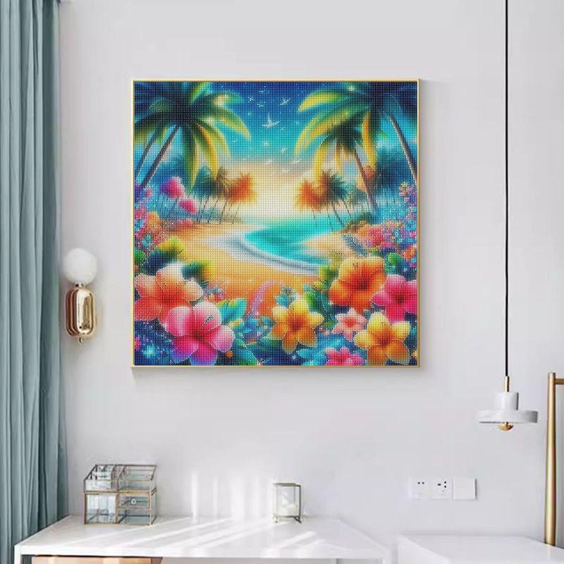 5D DIY Diamond Painting Kit Tropical Beach Sunset with Palm Trees and Chairs Full Drill Cross Stitch Embroidery Mosaic Art Home