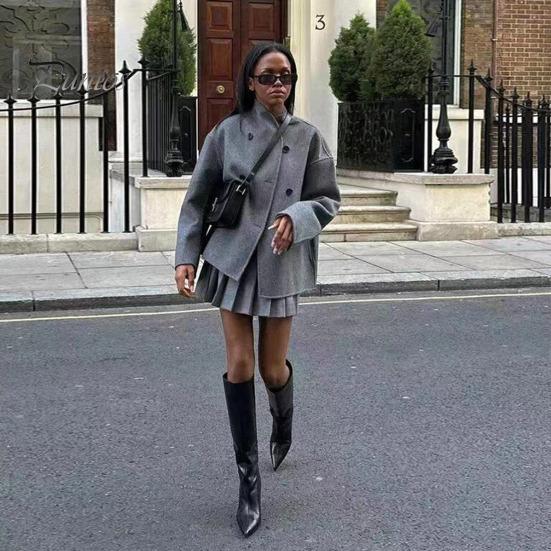 Loose Fit Women Jacket Fall Winter Single-breasted Double-breasted Thickened Cardigan Coat Long Sleeves Stand Collar Chest Pockets Outwear Casual