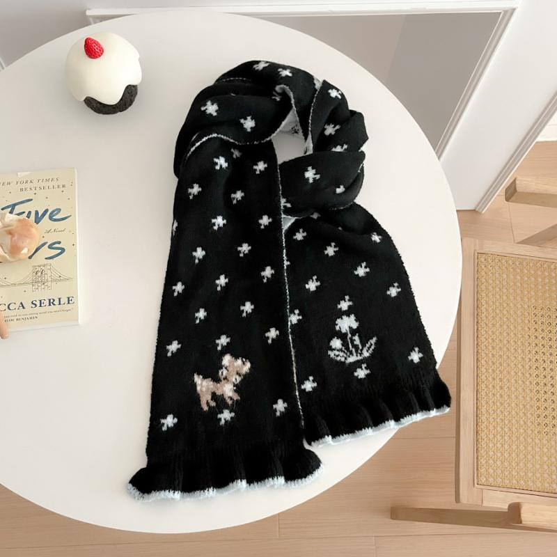 Ladies' Scarves Korean Cartoon Deer Floral Kawaii Sweet Versatile Cute Scarfs Thicked Warm High-Quality Cashmere Knitted Scarfs