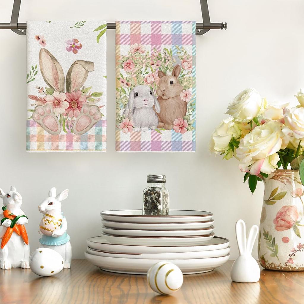 Artoid Mode Colorful Buffalo Plaid Bunny Rabbit Flower Easter Kitchen Towels Dish Towels, 18x26 Inch Seasonal Decoration Hand Towels Set of 2