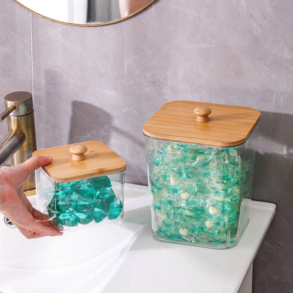 Transparente Waschpulver-Aufbewahrungsbox mit Bambusdeckel Multifunktionaler Wattestäbchenhalter Acryl-Waschküchen-Organizer Gläser