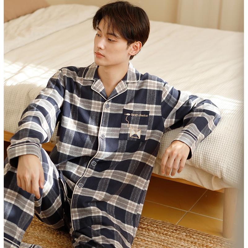 Pajama Couple Long-Sleeved Checkered Men's and Women's Autumn Casual Home Suit Set