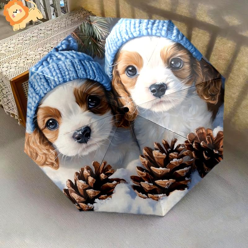 1 Stück Automatischer Faltregenschirm - Süßes Hundemuster, Tragbares & Faltbares Design mit 8 Speichen, Weihnachts- und Geburtstagsgeschenke