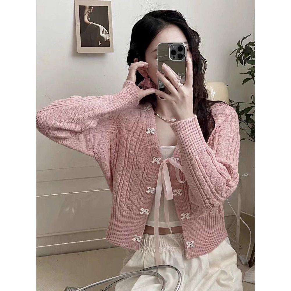 

Korean-Style Women s Autumn Knit Cardigan with Tie Design One Size