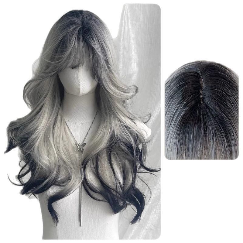 Parisian Balayage Black and White Gradient Wig: Long Curly Women's Set with Center Part