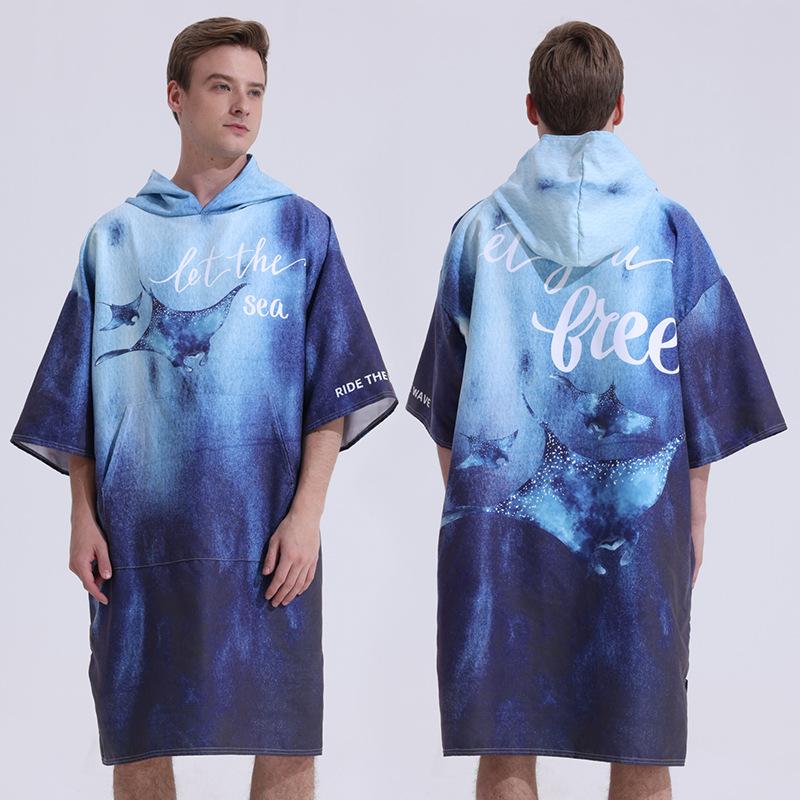 Ocean Style Double Sided Velvet Quick Dry Beach Towel Hooded Cape Pockets Sleeves Surf Changing Robe for Swimming Surfing