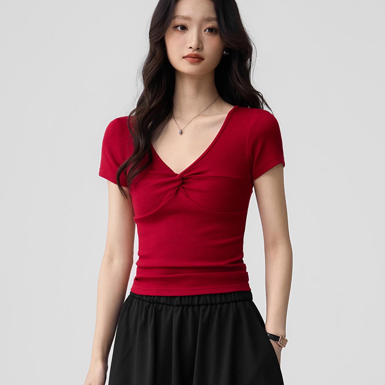 260g Chic Design Twist V-Neck Slimming Short-Sleeve T-Shirt for Women XL