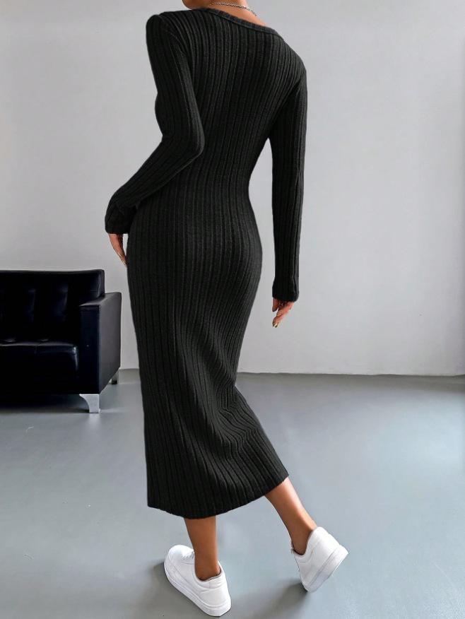 2025 Fall/Winter Women’s Ribbed Brushed Button Long Sleeve Cardigan Dress