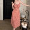 French floral lace-up suspender dress women's summer new waist thin medium and long dress red holiday skirt