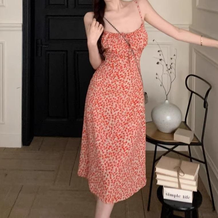 French floral lace-up suspender dress women's summer new waist thin medium and long dress red holiday skirt