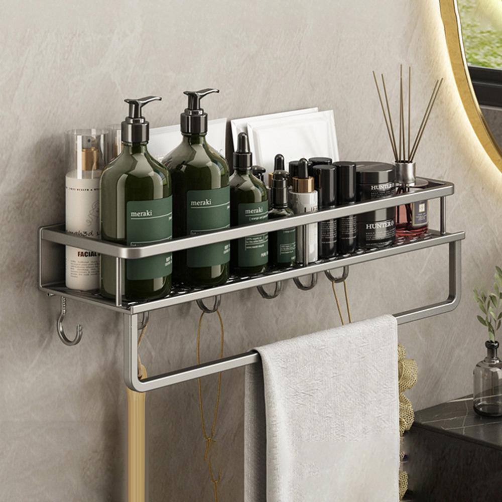 50cm Bathroom Storage Rack with Hooks and Towel Bar Wall Mounted No Drill Ventilated Draining Organizer