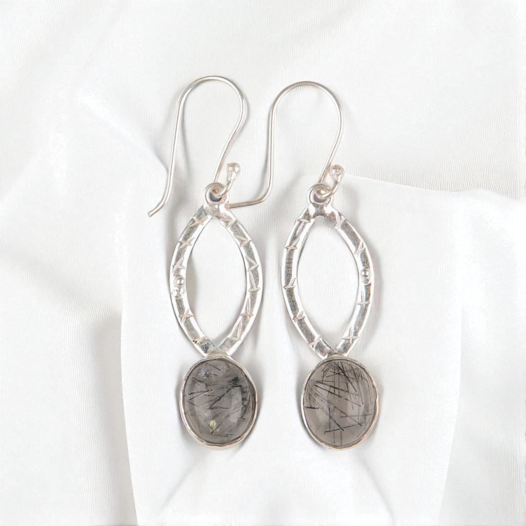 Rare Black Rutile Gemstone 925 Sterling Silver Handmade Jewelry Drop Earrings 2" EE-87-26