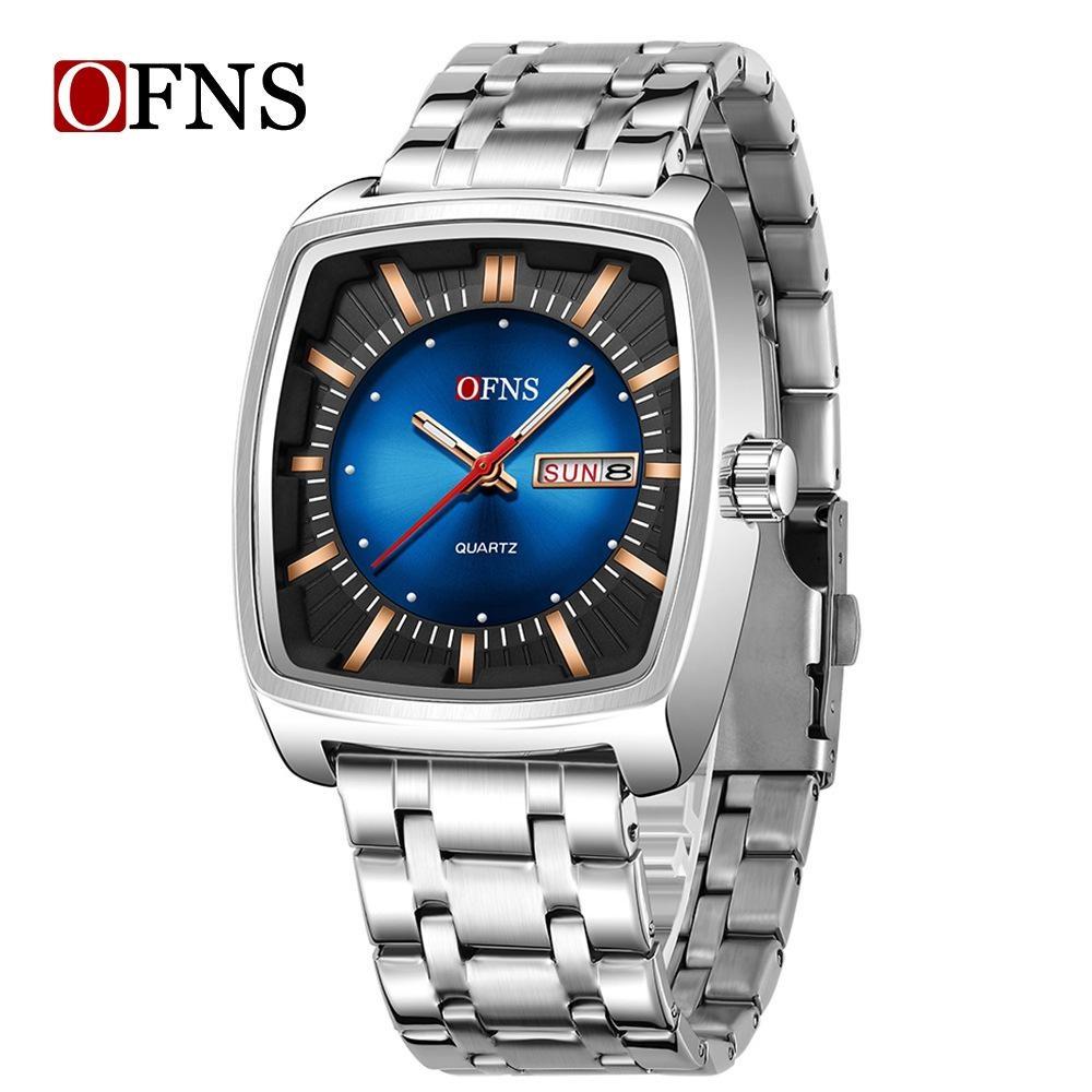 Men Watch Fashion Square Stainless Steel/Silicone Strap Waterproof Luminous Quartz Week Calendar Business Sports WristWatch