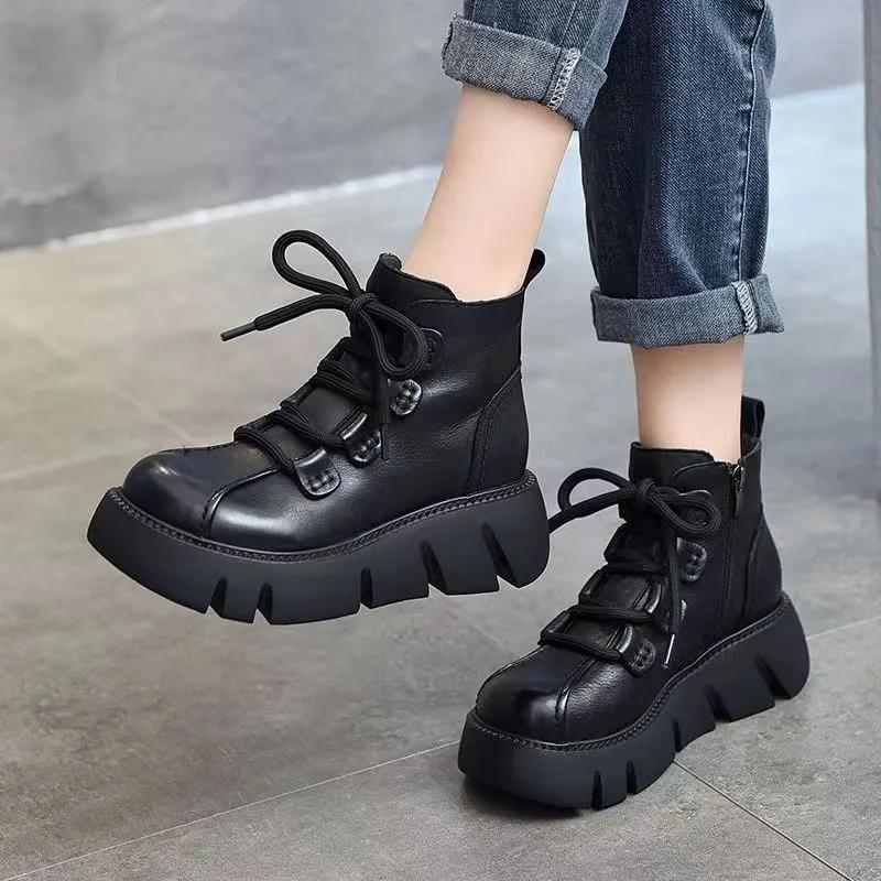 Women Retro Leather Boots Lace-up Casual Platform High Heels Side Zip Round Head Comfortable Non-slip Plush Shoes
