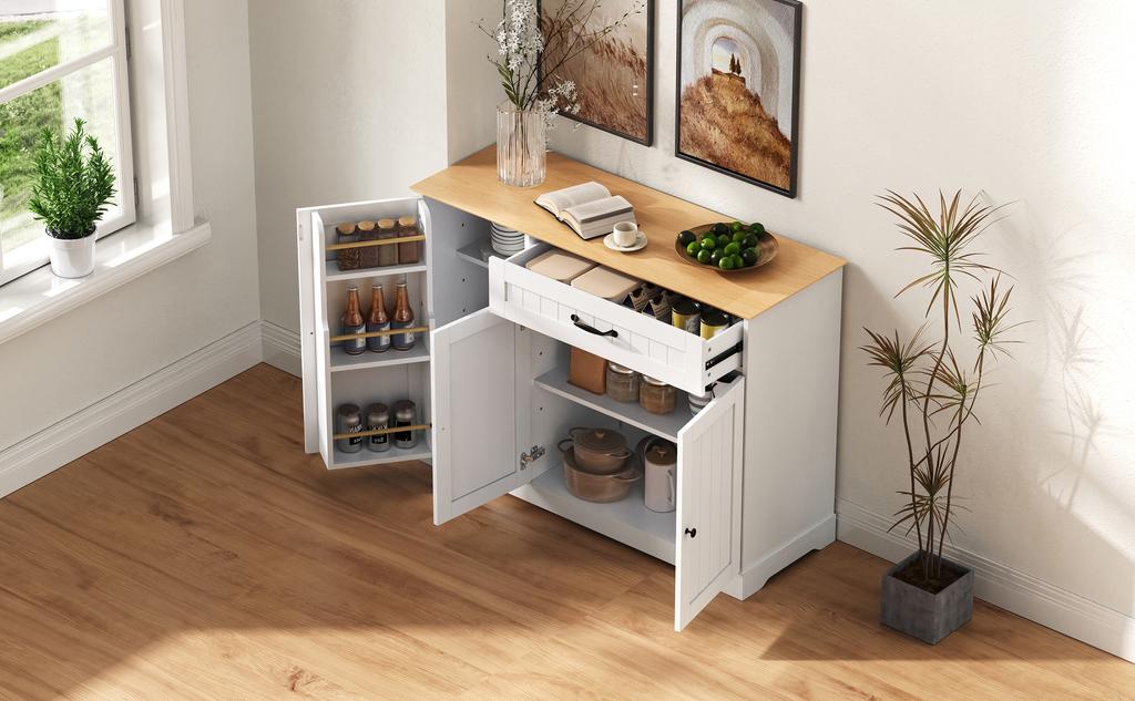 Moderní, Elegantní Příborník se 3 Dveřmi a Jednou Zásuvkou, Bufetová Skříňka do Jídelny, Obývacího Pokoj a Předsíně (Bílá+Přírodní)