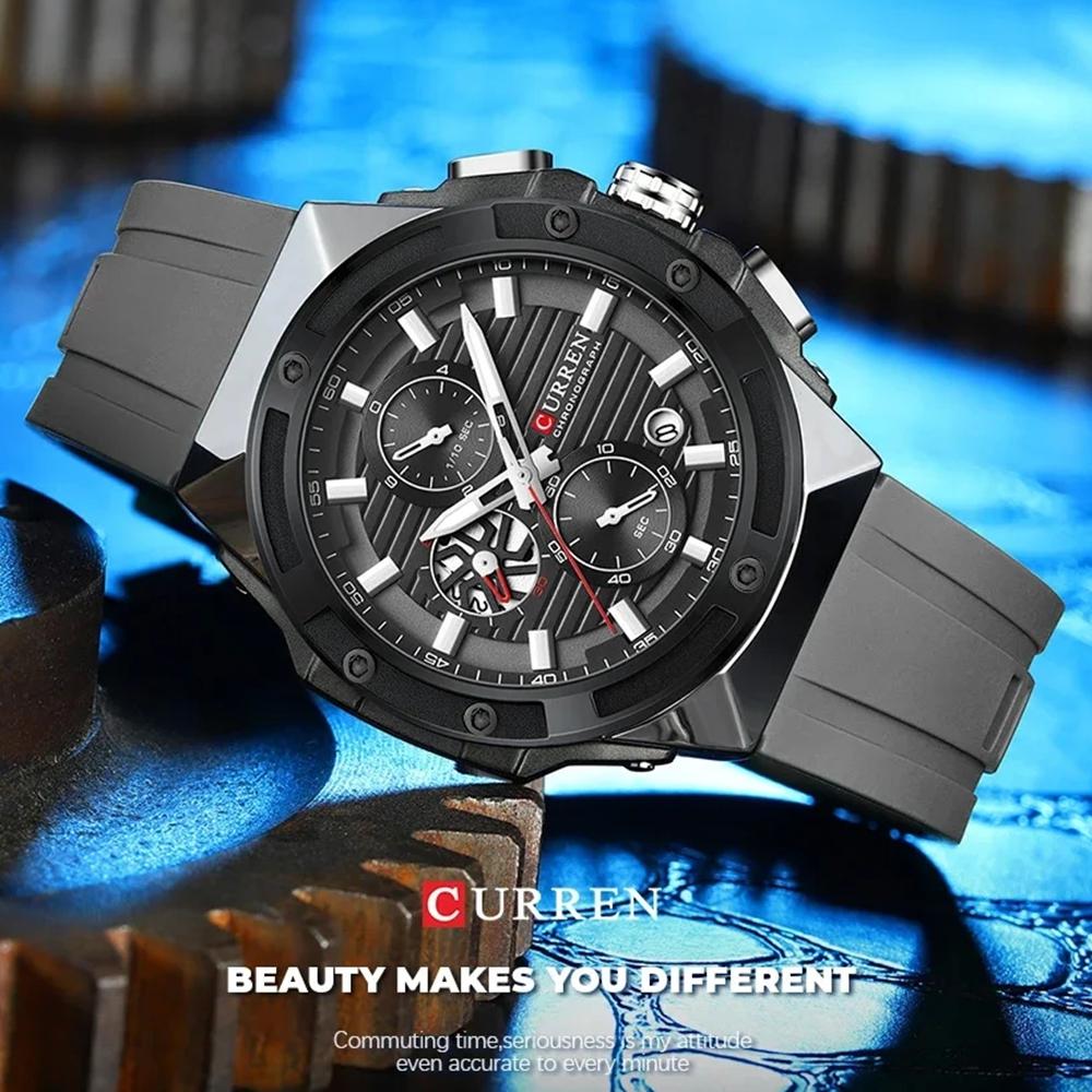 CURREN Fashionable Sports Multifunctional Chronograph Quartz Watch with Silicone Strap Creative Design Dial Luminous Hands