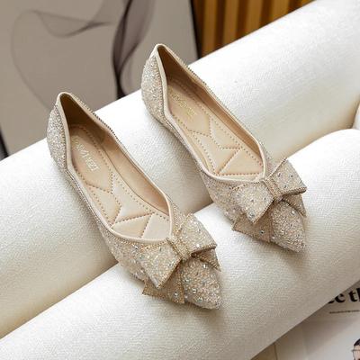 Women's Summer Classic Casual Work Flat Shoes 2024 New Bow Rhinestone Shallow Mouth Pointed Large Women's Shoes 41-43