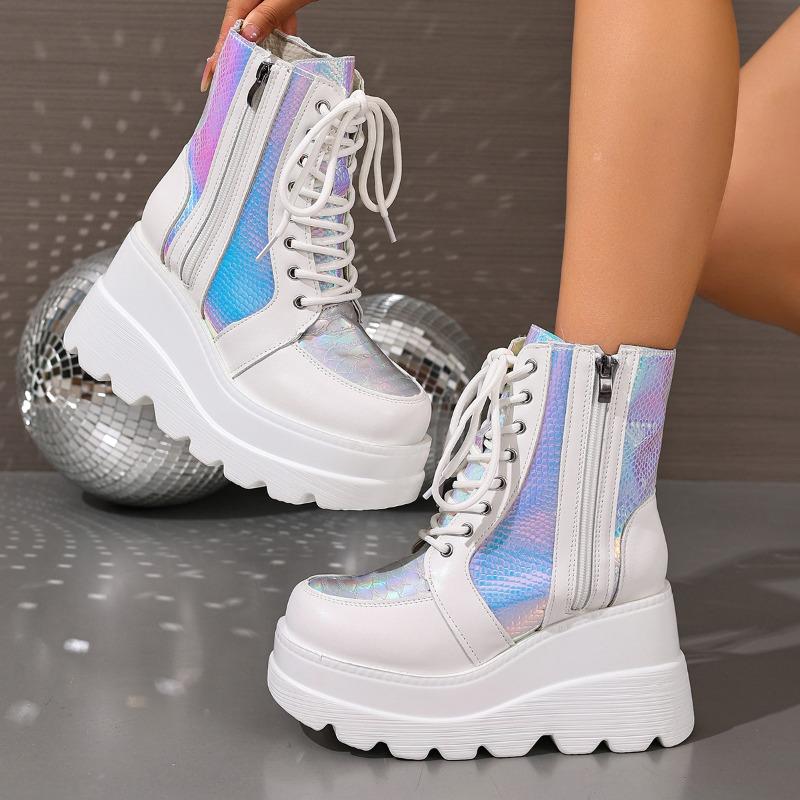 Fashion Inside Booties Autumn New Round Toe Lace-Up Front Side Zipper Platform Anti-Slip Wear-Resistant Wedge Shoes