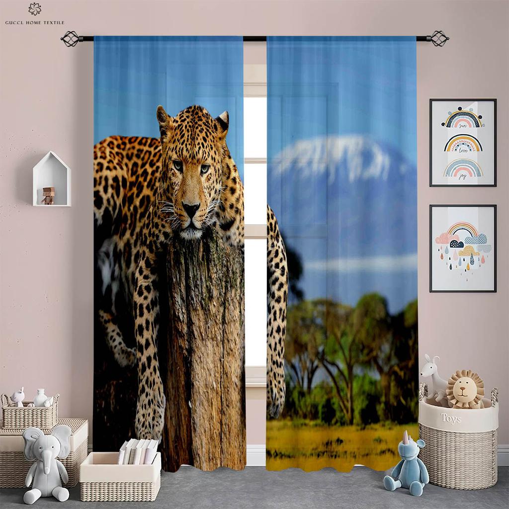 Tiger Cheetah Animal 3D Printing Curtains, Polyester Fiber, Bedroom, Living Room, Study, Kitchen, Window Decoration, 2 Pcs