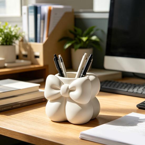 3D Printed Bow Pen Holder for Desk Multifunctional Makeup Brush Storage Container Cute Vanity Organizer for Office Supplies