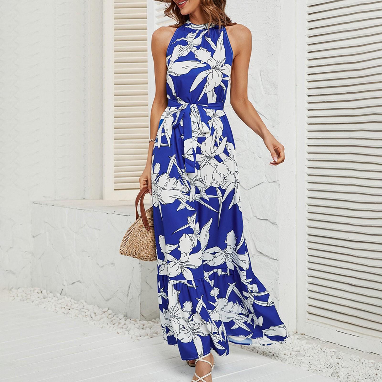 

Жіноча сексуальна приталена сукня з круглим вирізом і квітковим принтом без рукавів XL синій