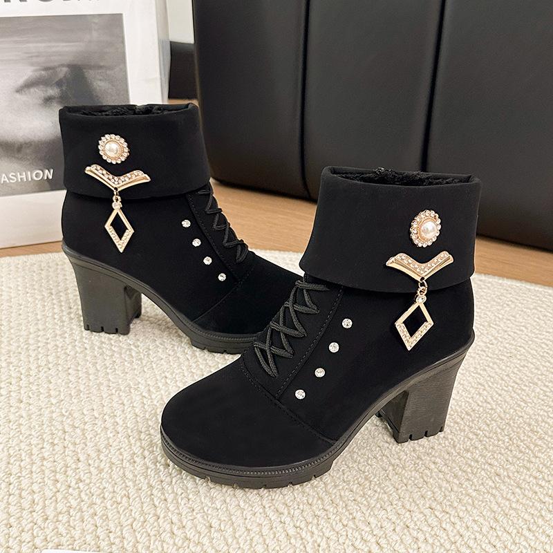 Autumn new boots rhinestone wool mouth high heel thick heel large size fashion boots shoe zipper