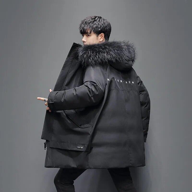 

Куртка на белом утином пуху 90, мужской большой капюшон с меховым воротником, утолщенная повседневная однотонная одежда нейтрального цвета, плотная теплая и ветрозащитная одежда