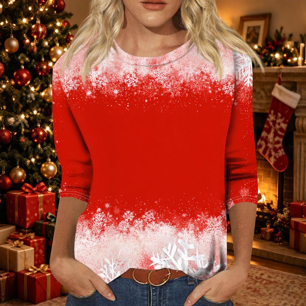 Women's Fashion Casual Christmas Print Three-Quarter Sleeve Neck T-Shirt