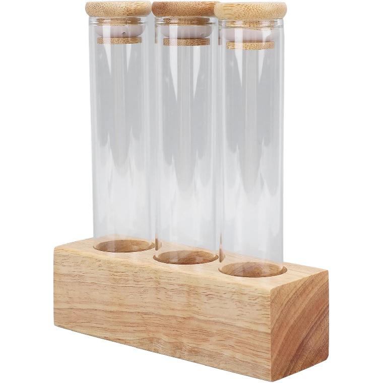 Asixxsix Coffee Bean Jars Canisters, Glass Tubes Single Dose Coffee Bean Storage with Wooden Display Stand & Airtight Lids, Coffee Bean Cellar