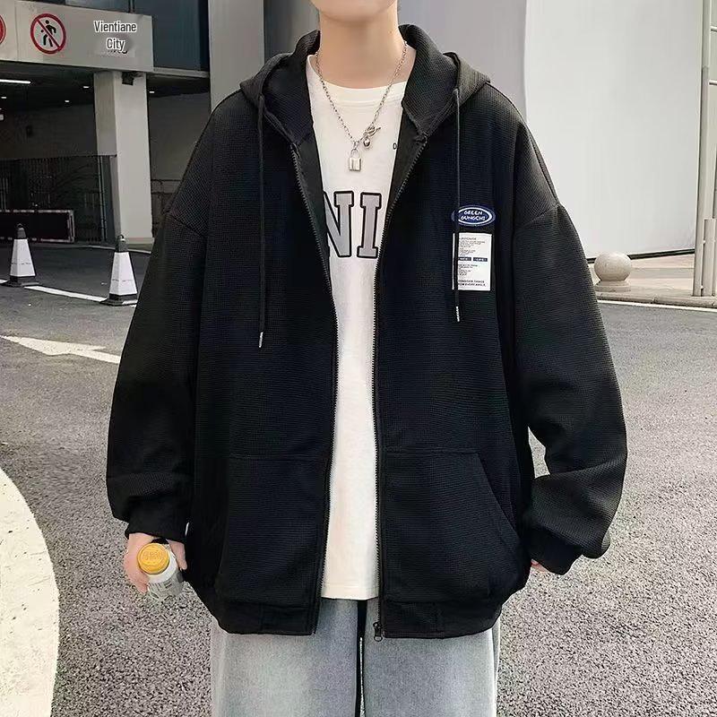 Men's Trendy Hooded Waffle-Weave Zip-Up Cardigan Sweatshirt for Spring/Autumn Hong Kong Style