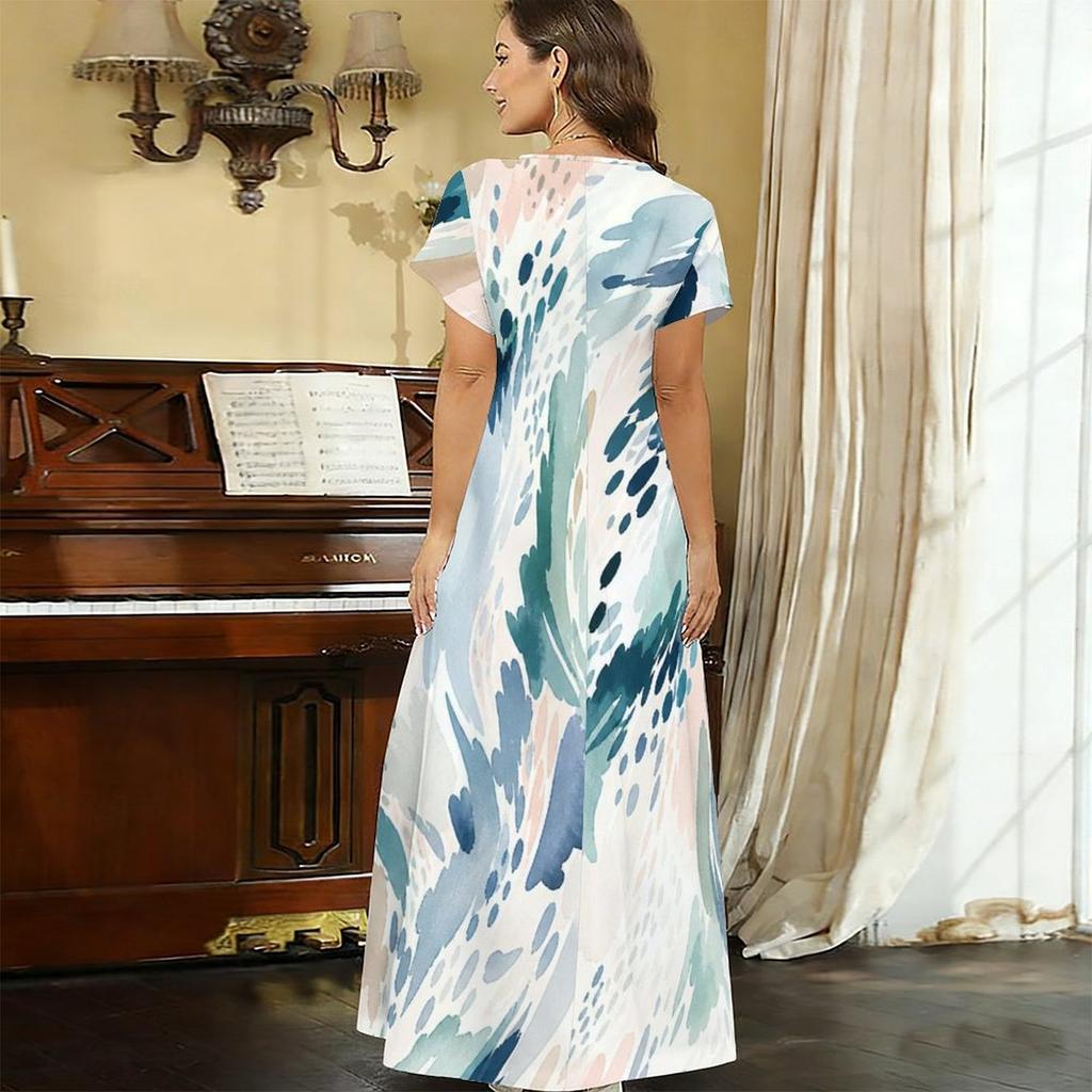Women Plus Size V Neck Short Sleeve Printed Straight Maxi Dress
