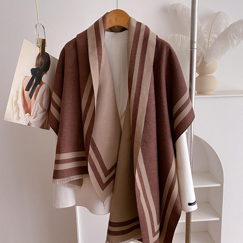Autumn And Winter Imitation Cashmere Solid Color Geometric Line Jacquard Shawl Thickened Warm Women'S Scarf