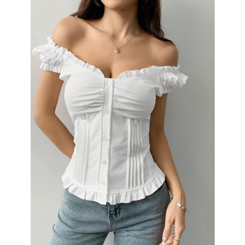 Summer Short Sleeved Rufffled Women Vest Sweet Slim Fit Blouse Solid Color Simple Pleated V Neck Shirts Fashion Elegant Women's Clothing