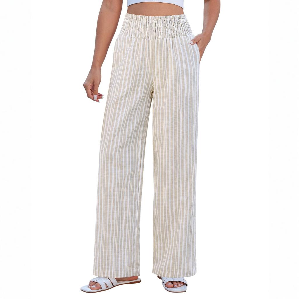 Ladies' Casual And Fashionable High Waist Wide Leg Striped Linen Pants