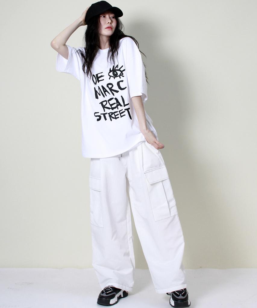 Deumakeu Real Street Wide Contrast Stitch Cargo Track Pants White