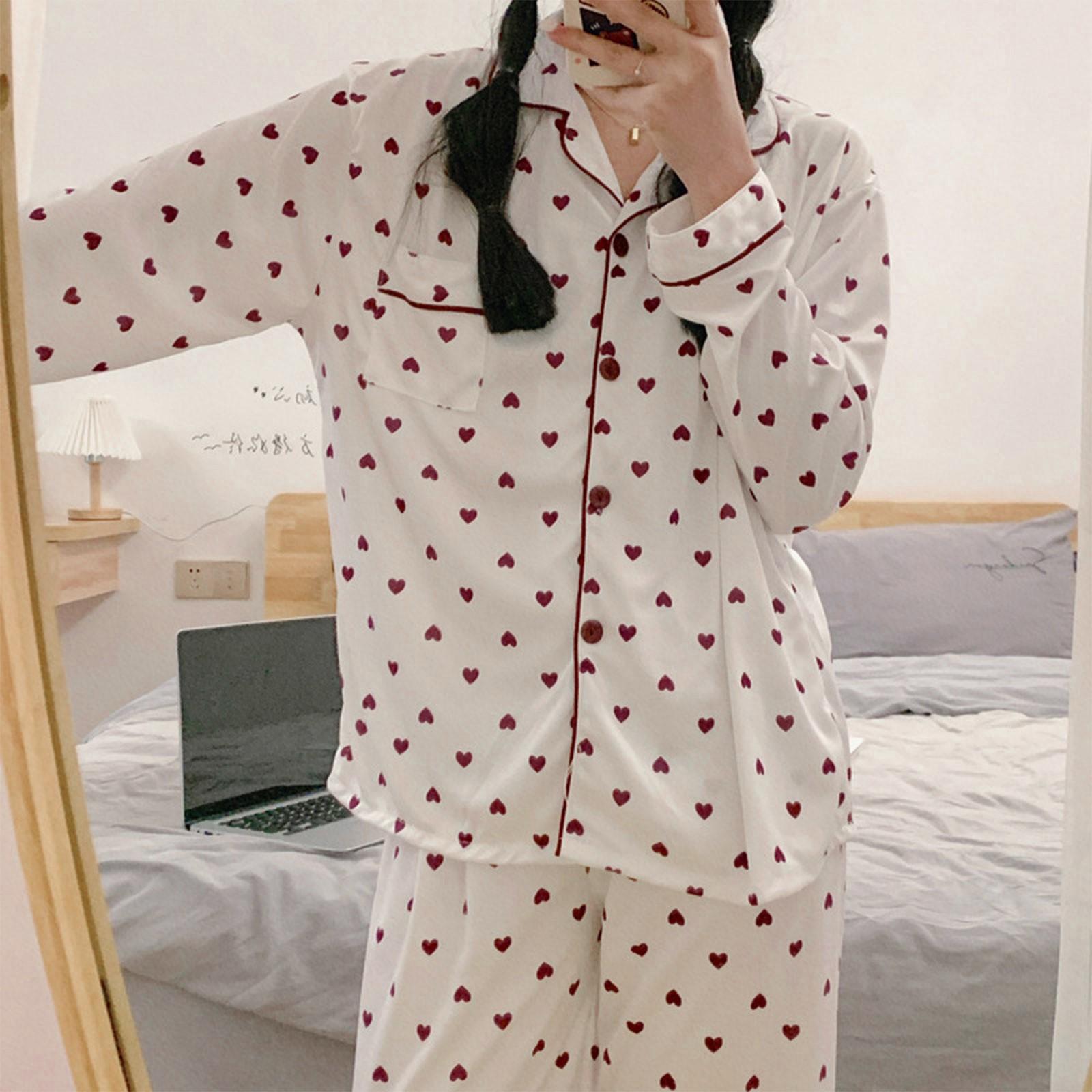 

Пижама женская пуговица симпатичные брюки с длинным рукавом мультфильм домашний костюм комплект XL белый