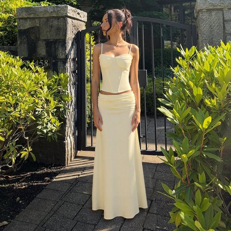 

2026 Spring European & American Style Fashionable Pleated Camisole Long Dress Two-Piece Set L жовтий