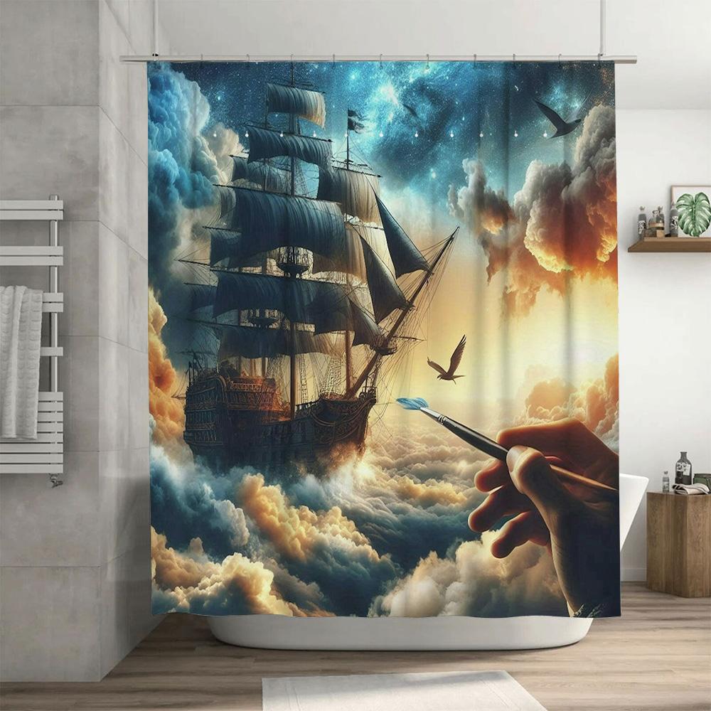 Fantasy Voyage Shower Curtain Nautical Sailboat Clouds Print Bathroom Decor Waterproof Fabric 180x240cm